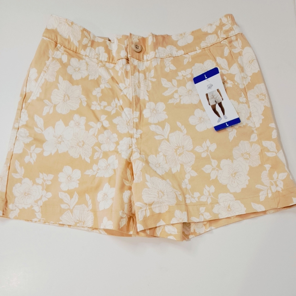 NWT Women's Jach’s Girlfriend Stretch Chino Shorts Tan Floral Print Size Large